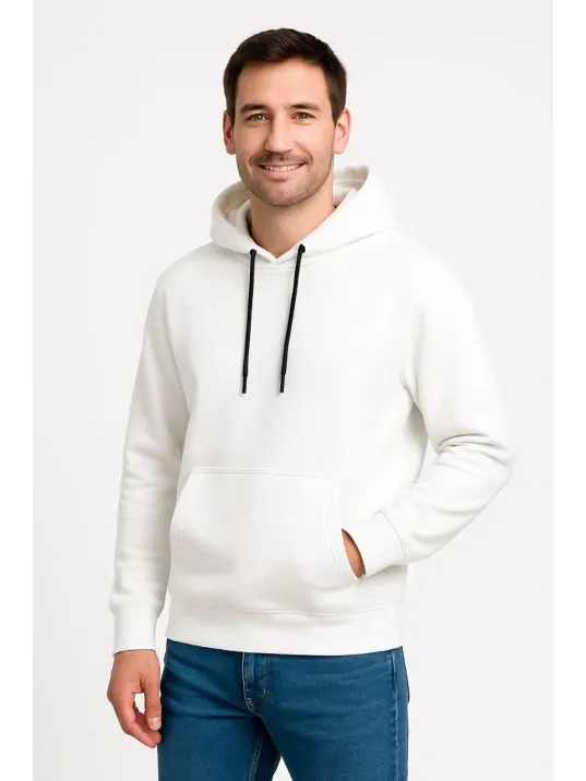 Erkek Üç İplik Kapüşonlu Kanguru Cepli SweatShirt hoodie - Beyaz