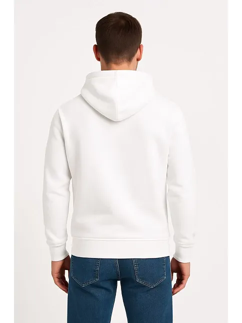 Erkek Üç İplik Kapüşonlu Kanguru Cepli Sweatshirt Hoodie - Beyaz