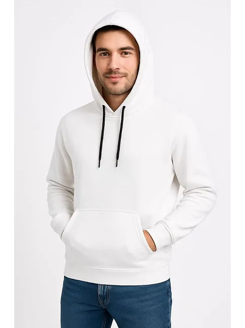 Erkek Üç İplik Kapüşonlu Kanguru Cepli Sweatshirt Hoodie - Beyaz