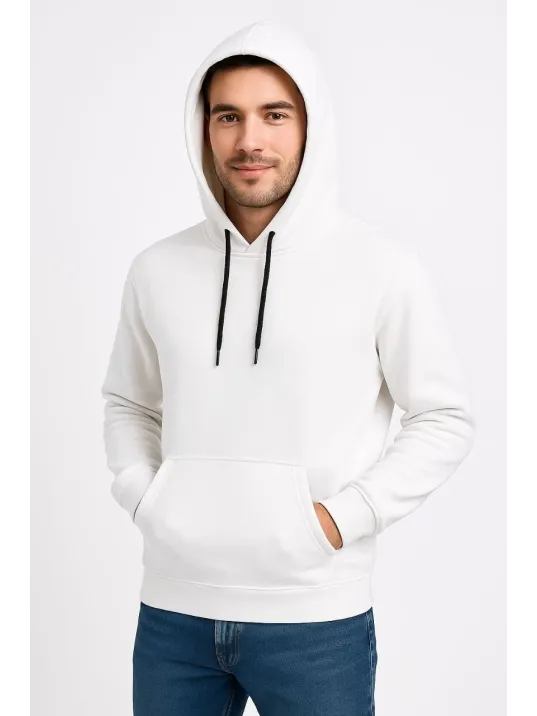 Erkek Üç İplik Kapüşonlu Kanguru Cepli SweatShirt hoodie - Beyaz