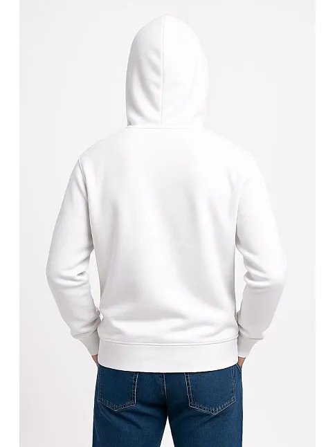 Erkek Üç İplik Kapüşonlu Kanguru Cepli Sweatshirt Hoodie - Beyaz