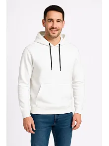 Erkek Üç İplik Kapüşonlu Kanguru Cepli Sweatshirt Hoodie - Beyaz