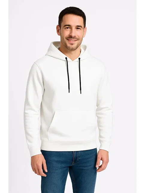 Erkek Üç İplik Kapüşonlu Kanguru Cepli Sweatshirt Hoodie - Beyaz