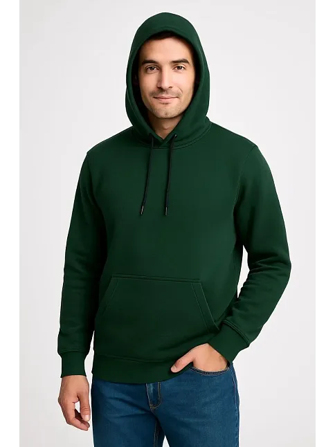Erkek Üç İplik Kapüşonlu Kanguru Cepli Sweatshirt Hoodie - Haki