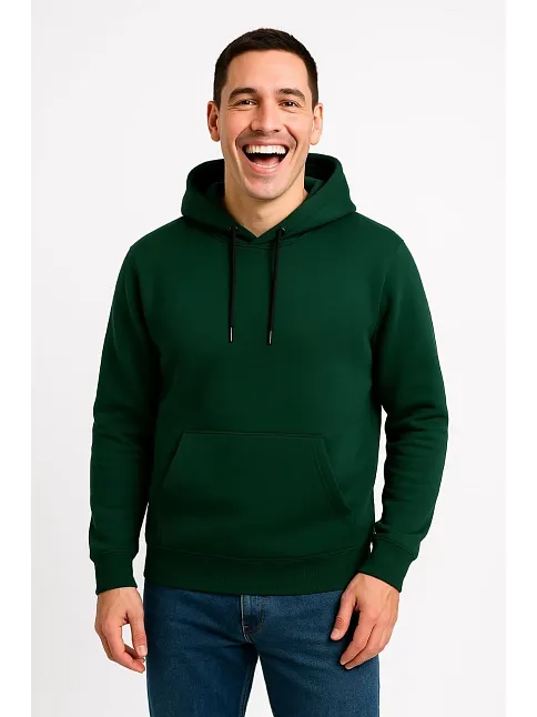 Erkek Üç İplik Kapüşonlu Kanguru Cepli Sweatshirt Hoodie - Haki