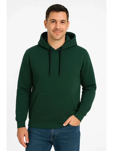 Erkek Üç İplik Kapüşonlu Kanguru Cepli Sweatshirt Hoodie - Haki