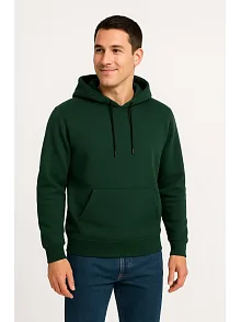 Erkek Üç İplik Kapüşonlu Kanguru Cepli Sweatshirt Hoodie - Haki