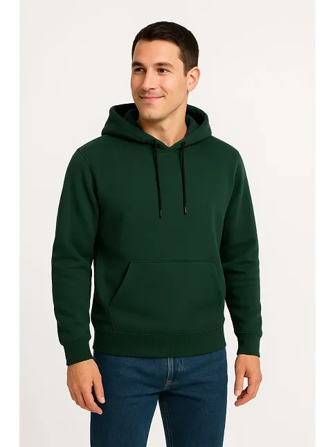Erkek Üç İplik Kapüşonlu Kanguru Cepli Sweatshirt Hoodie - Haki