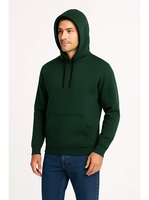 Erkek Üç İplik Kapüşonlu Kanguru Cepli Sweatshirt Hoodie - Haki
