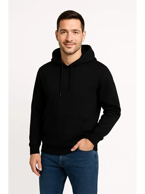 Erkek Üç İplik Kapüşonlu Kanguru Cepli Sweatshirt Hoodie - Siyah