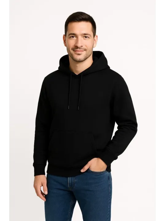 Erkek Üç İplik Kapüşonlu Kanguru Cepli SweatShirt hoodie - Siyah