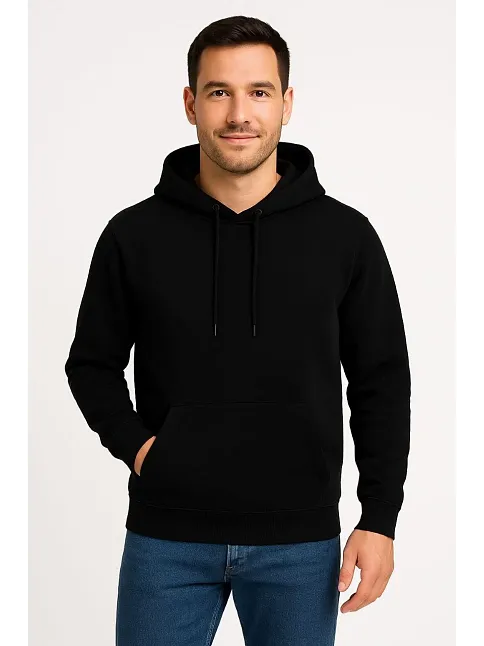 Erkek Üç İplik Kapüşonlu Kanguru Cepli Sweatshirt Hoodie - Siyah