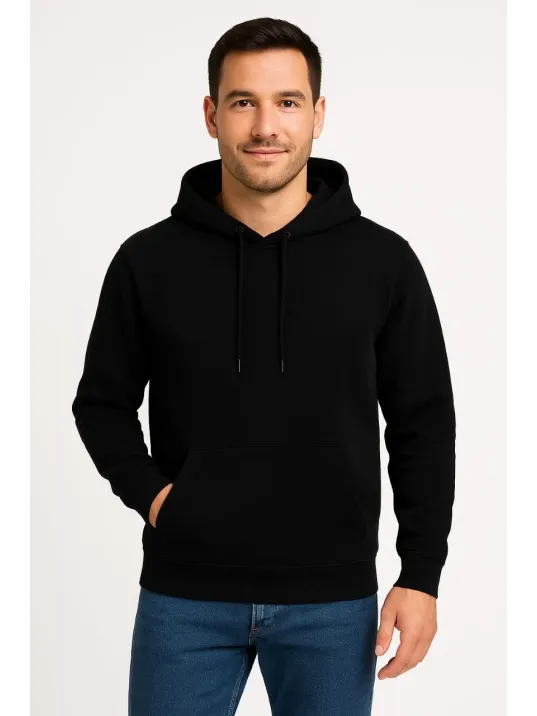 Erkek Üç İplik Kapüşonlu Kanguru Cepli SweatShirt hoodie - Siyah