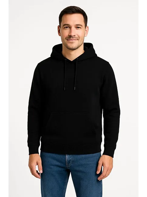 Erkek Üç İplik Kapüşonlu Kanguru Cepli Sweatshirt Hoodie - Siyah