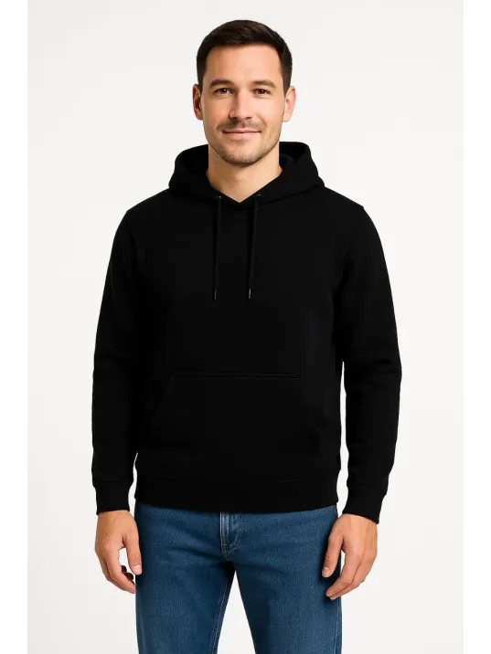 Erkek Üç İplik Kapüşonlu Kanguru Cepli SweatShirt hoodie - Siyah