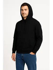 Erkek Üç İplik Kapüşonlu Kanguru Cepli Sweatshirt Hoodie - Siyah