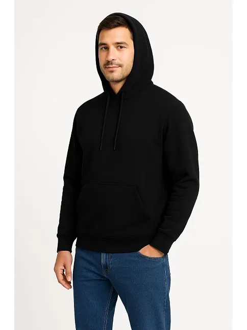 Erkek Üç İplik Kapüşonlu Kanguru Cepli Sweatshirt Hoodie - Siyah