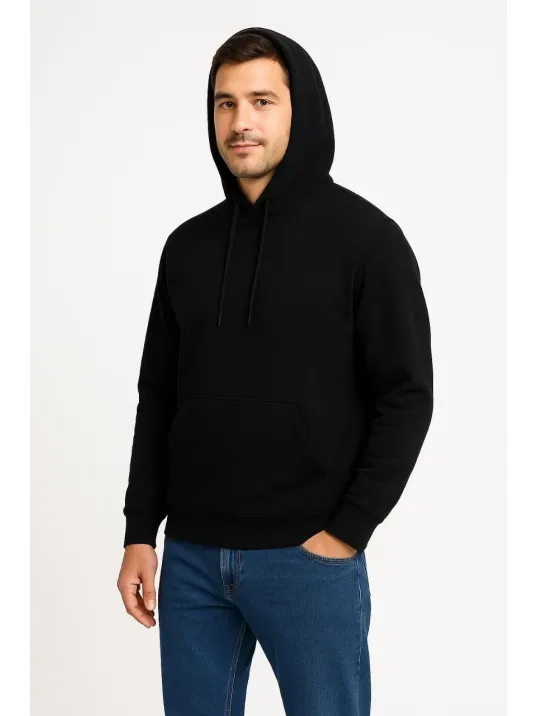 Erkek Üç İplik Kapüşonlu Kanguru Cepli SweatShirt hoodie - Siyah Erkek Üç İplik Kapüşonlu Kanguru Cepli SweatShirt hoodie - Siyah