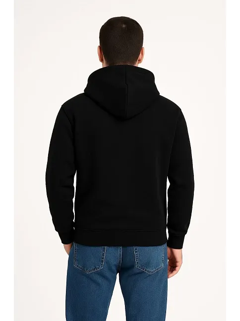 Erkek Üç İplik Kapüşonlu Kanguru Cepli Sweatshirt Hoodie - Siyah
