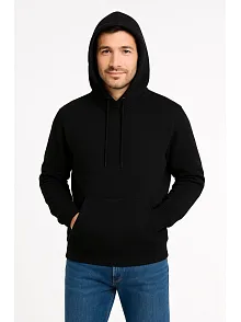 Erkek Üç İplik Kapüşonlu Kanguru Cepli Sweatshirt Hoodie - Siyah