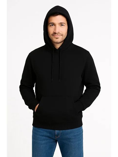 Erkek Üç İplik Kapüşonlu Kanguru Cepli Sweatshirt Hoodie - Siyah