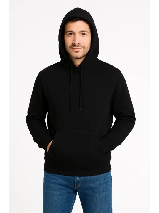 Erkek Üç İplik Kapüşonlu Kanguru Cepli SweatShirt hoodie - Siyah