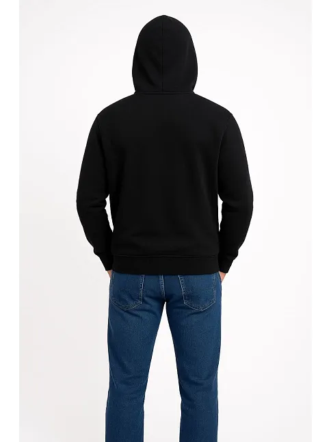 Erkek Üç İplik Kapüşonlu Kanguru Cepli Sweatshirt Hoodie - Siyah
