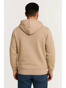Erkek Üç İplik Kapüşonlu Tam Fermuarlı Kanguru Çepli Sweatshirt Hoodie - Bej