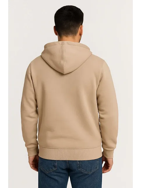 Erkek Üç İplik Kapüşonlu Tam Fermuarlı Kanguru Çepli Sweatshirt Hoodie - Bej