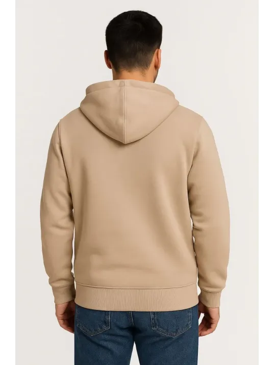 Erkek Üç İplik Kapüşonlu Tam Fermuarlı Kanguru Çepli SweatShirt Hoodie - Bej