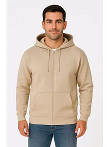 Erkek Üç İplik Kapüşonlu Tam Fermuarlı Kanguru Çepli Sweatshirt Hoodie - Bej