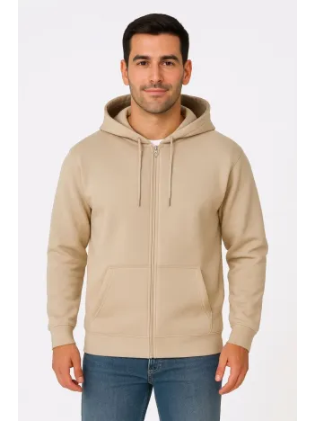 Erkek Üç İplik Kapüşonlu Tam Fermuarlı Kanguru Çepli SweatShirt Hoodie - Bej Erkek Üç İplik Kapüşonlu Tam Fermuarlı Kanguru Çepli SweatShirt Hoodie - Bej