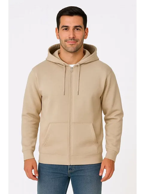 Erkek Üç İplik Kapüşonlu Tam Fermuarlı Kanguru Çepli Sweatshirt Hoodie - Bej
