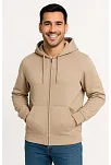 Erkek Üç İplik Kapüşonlu Tam Fermuarlı Kanguru Çepli Sweatshirt Hoodie - Bej