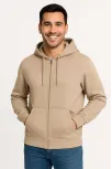 Erkek Üç İplik Kapüşonlu Tam Fermuarlı Kanguru Çepli Sweatshirt Hoodie - Bej