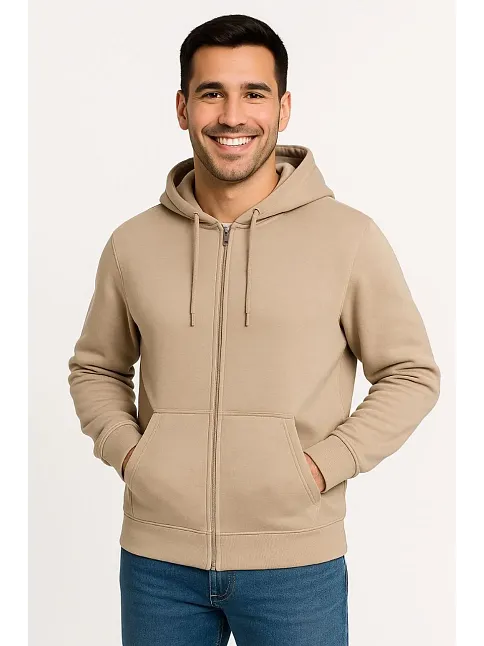 Erkek Üç İplik Kapüşonlu Tam Fermuarlı Kanguru Çepli Sweatshirt Hoodie - Bej