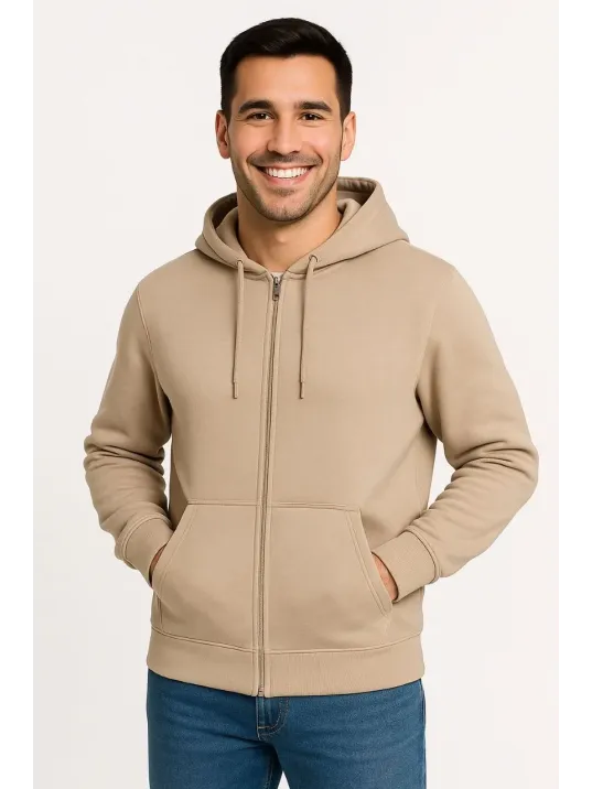 Erkek Üç İplik Kapüşonlu Tam Fermuarlı Kanguru Çepli SweatShirt Hoodie - Bej