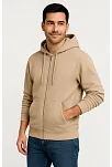 Erkek Üç İplik Kapüşonlu Tam Fermuarlı Kanguru Çepli Sweatshirt Hoodie - Bej