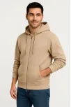 Erkek Üç İplik Kapüşonlu Tam Fermuarlı Kanguru Çepli Sweatshirt Hoodie - Bej