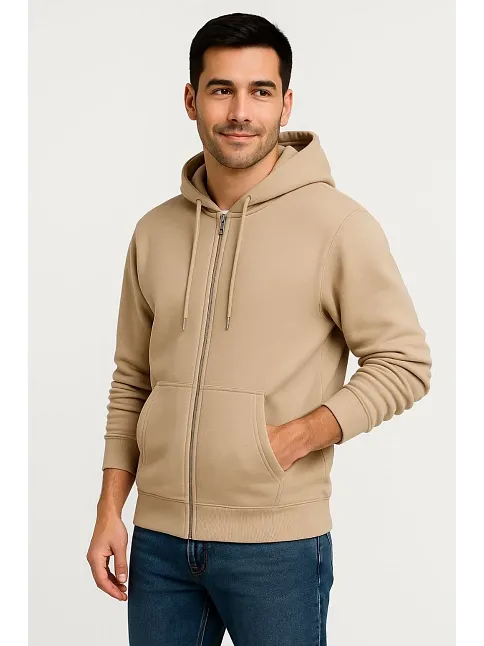 Erkek Üç İplik Kapüşonlu Tam Fermuarlı Kanguru Çepli Sweatshirt Hoodie - Bej