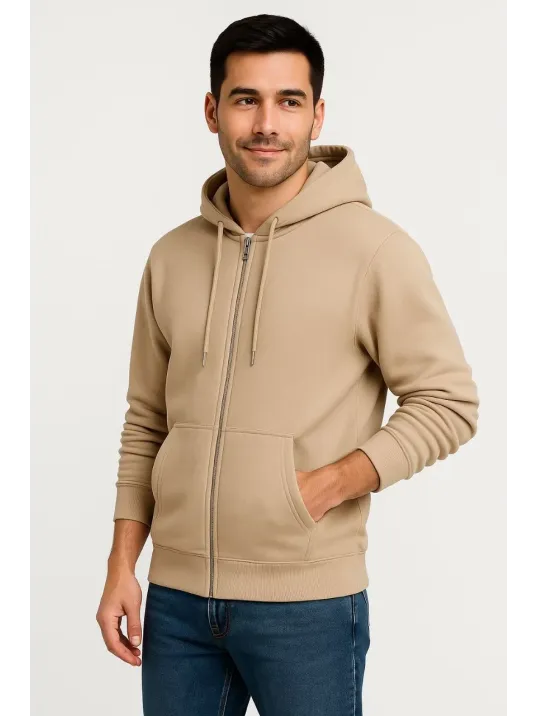 Erkek Üç İplik Kapüşonlu Tam Fermuarlı Kanguru Çepli SweatShirt Hoodie - Bej