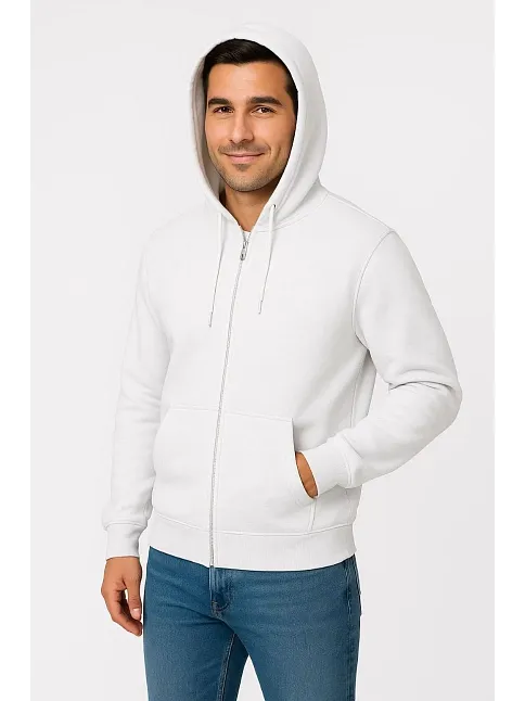 Erkek Üç İplik Kapüşonlu Tam Fermuarlı Kanguru Cepli Sweatshirt Hoodie - Beyaz