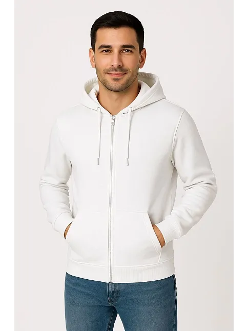 Erkek Üç İplik Kapüşonlu Tam Fermuarlı Kanguru Cepli Sweatshirt Hoodie - Beyaz