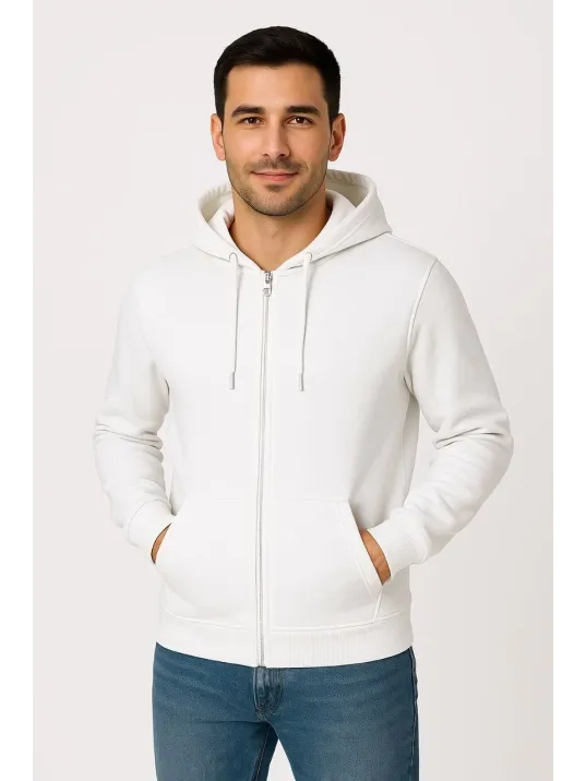 Erkek Üç İplik Kapüşonlu Tam Fermuarlı Kanguru Cepli SweatShirt Hoodie - Beyaz