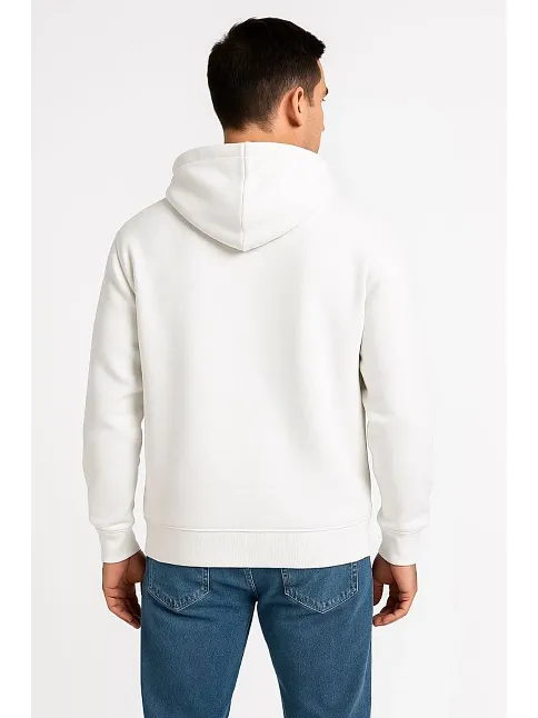 Erkek Üç İplik Kapüşonlu Tam Fermuarlı Kanguru Cepli Sweatshirt Hoodie - Beyaz