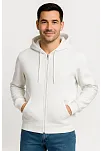 Erkek Üç İplik Kapüşonlu Tam Fermuarlı Kanguru Cepli Sweatshirt Hoodie - Beyaz