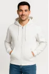 Erkek Üç İplik Kapüşonlu Tam Fermuarlı Kanguru Cepli Sweatshirt Hoodie - Beyaz