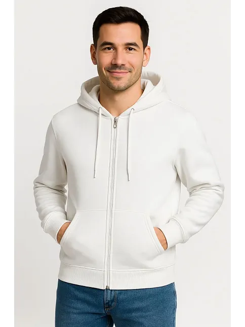 Erkek Üç İplik Kapüşonlu Tam Fermuarlı Kanguru Cepli Sweatshirt Hoodie - Beyaz