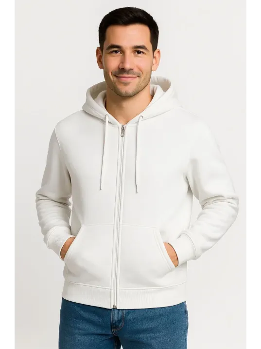 Erkek Üç İplik Kapüşonlu Tam Fermuarlı Kanguru Cepli SweatShirt Hoodie - Beyaz