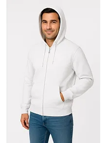 Erkek Üç İplik Kapüşonlu Tam Fermuarlı Kanguru Cepli Sweatshirt Hoodie - Beyaz